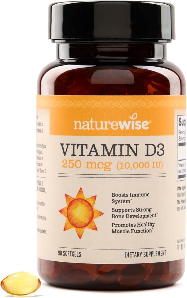 NatureWise Vitamin D3 10,000IE (250 mcg) 90- Day Supply - High potens for sund immunforsvar & muskelfunktion, Non- GMO, Gluten- Free in Organic Extra Virgin Olive Oil, (Mini Softgel), 90 Greve