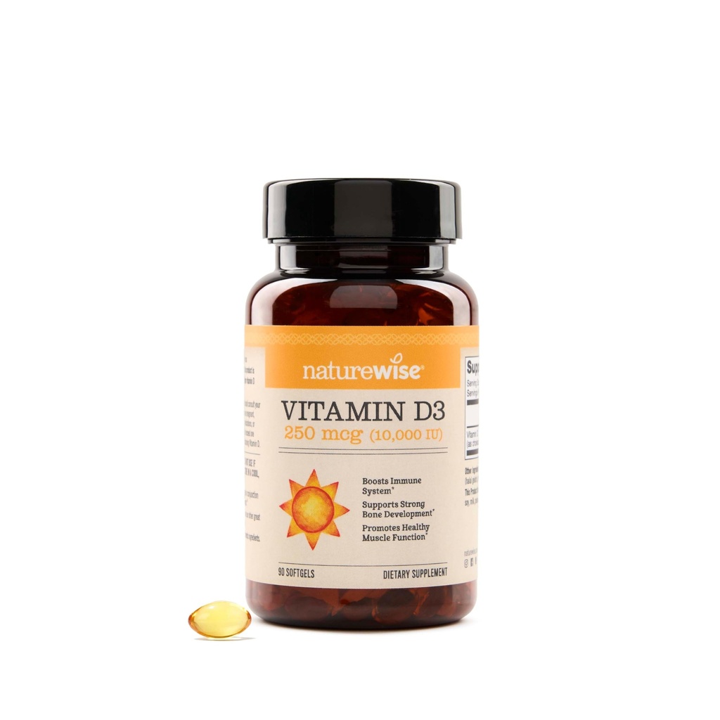 NatureWise Vitamin D3 10,000IE (250 mcg) 90- Day Supply - High potens for sund immunforsvar & muskelfunktion, Non- GMO, Gluten- Free in Organic Extra Virgin Olive Oil, (Mini Softgel), 90 Greve