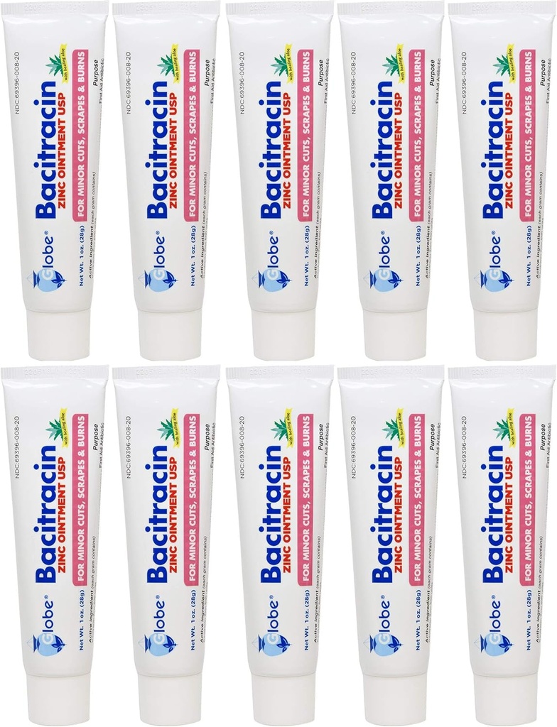 Globe Bacitracin Zink Salve 1 oz Note 124; Antibiotisk Salve # 124; Essential Antibiotic Førstehjælp Supplies # 124; Healing Action # 124; Maksimum Antibiotic Power # 124; Forhindrer infektion i sår, skraber, forbrændinger # 124; 10 PACK # 124;