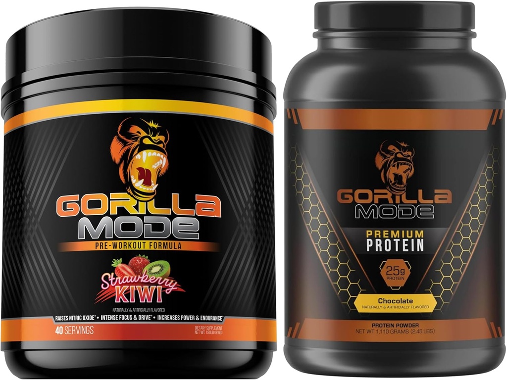 Gorilla Mind Pre Workout (Strawberry Kiwi) + Premium Whey Protein (Chokolade) - Omfattende stak til fueling maksimale resultater