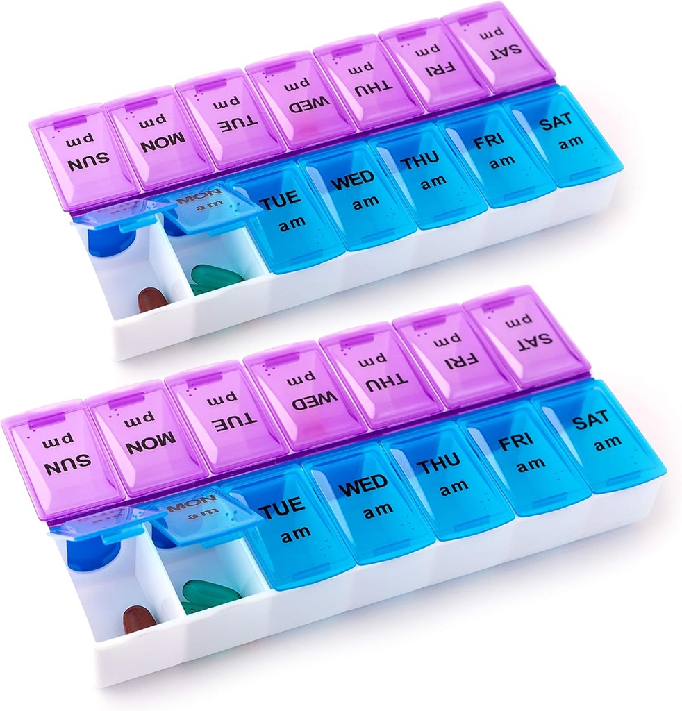 Deke Home - Pill Organizer 2 gange om dagen (2 Pack), Ugentlig AM PM Pill Box, 7 Day Morning and Night Medicine Organizer, BPA- Free Daily Vitamin Container, Easy Open Travel Pill Case, 7.8 "x3.6" x1.3 "