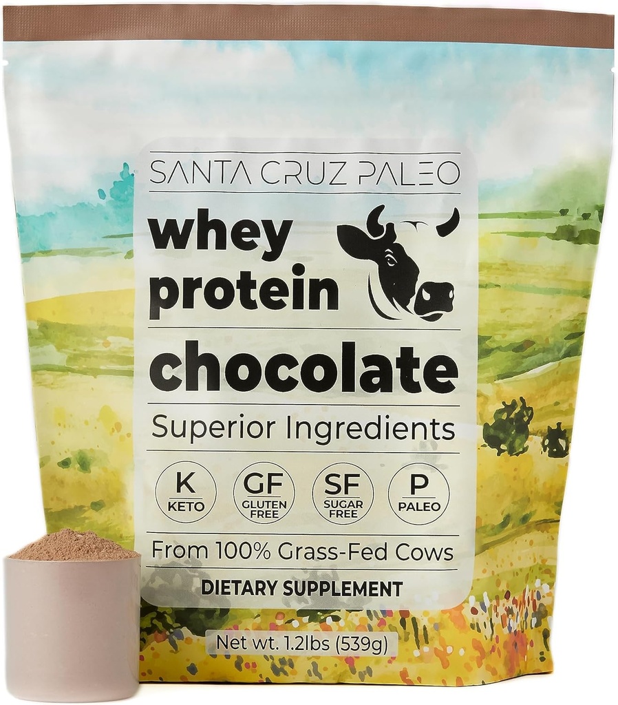 Santa Cruz Paleo Whey Protein Powder, Chokolade Flavor, 20 G Grass Fed Whey Protein Isolate Per Serving, Gluten Free, Paleo & Keto Friendly, Ingen sukker tilføjet, Protein Shake Mix, 20 Servere, 1.2 LB Bag