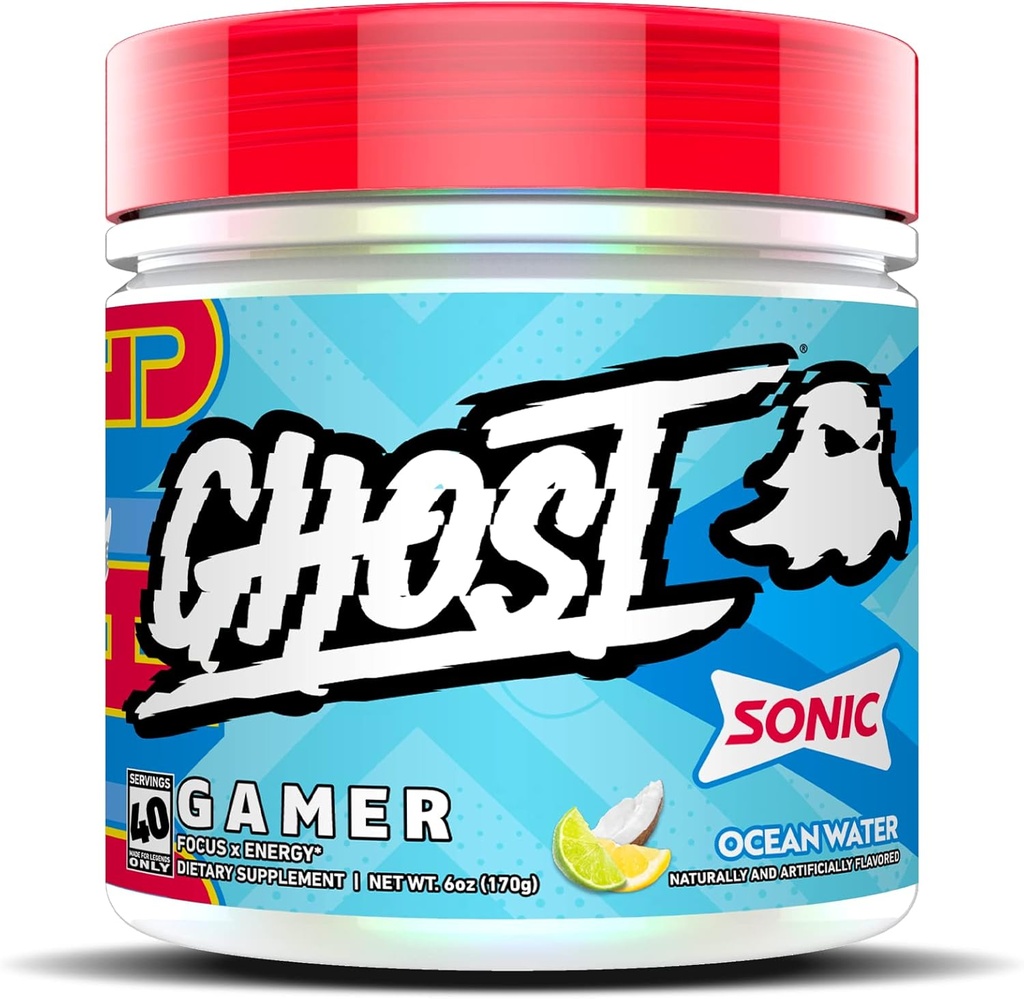 GHOST Gamer: Energi og Focus Support Formel - 40 Servering, Sonic Ocean Water - Nootropics & Natural Coffein for Opmærksomhed, Nøjagtighed & Reaction Time - Vegan, Gluten- Free