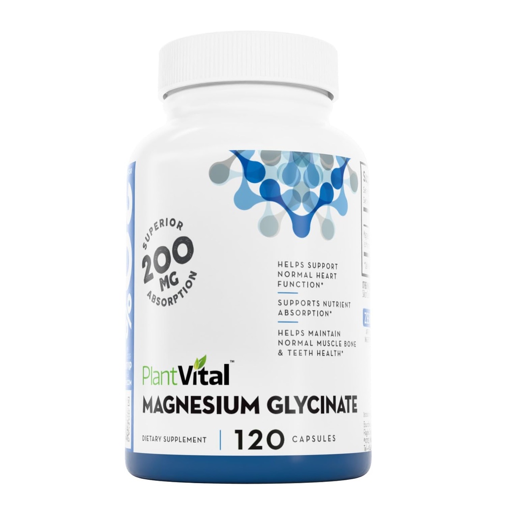 PlantVital Magnesium Glycinat 200mg 120 Kapsler - Høj Absorption, Non- GMO, Vegan, Gluten- Free - Understøtter normal søvn, muskel & nerve funktion, Normal Heart & Bone Health, Hjælp føler rolig & slap