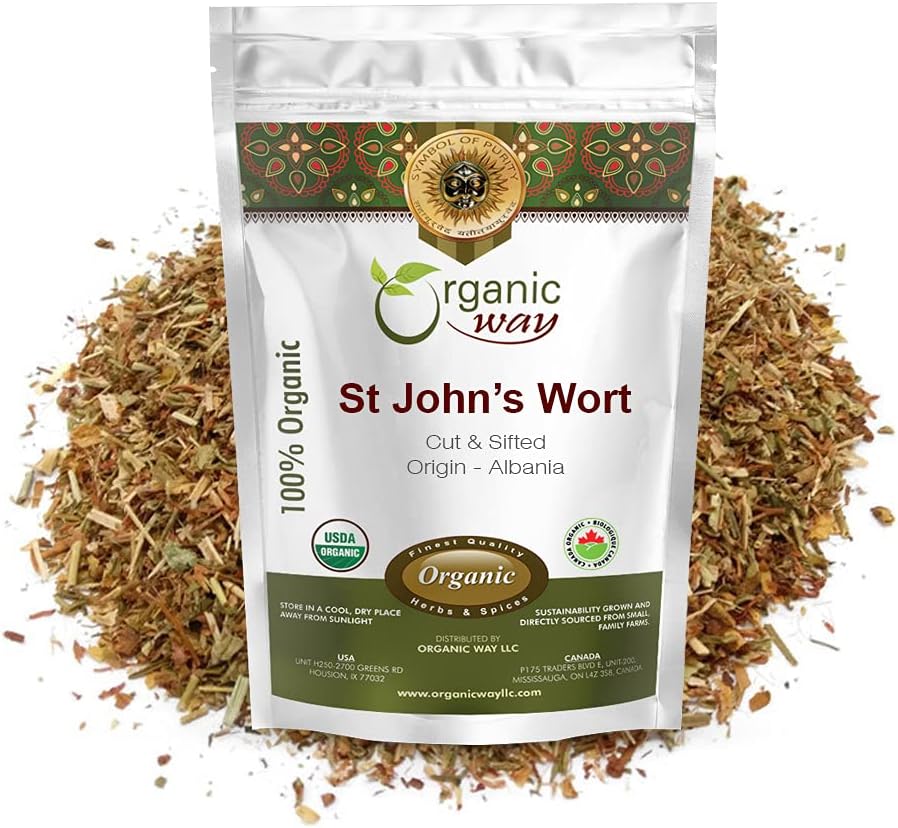 Organic Way St. John 's Wort Cut & Sifted (Hypericum perforatum) - Herbal Tea Note 124; European Wild- Harvest Dec124; Organic, Kosher & USDA Certified Dec124; Vegan, Non GMO & Gluten Free Dec124; Origin - Albanien (8 Oz)