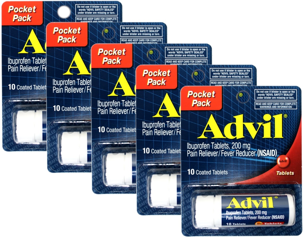 Advil Ibuprofen 200mg (NSAID) Pocket Pack, 10 overtrukne tabletter (pakning med 5)