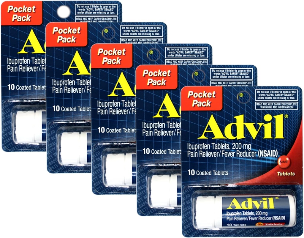Advil Ibuprofen 200mg (NSAID) Pocket Pack, 10 overtrukne tabletter (pakning med 5)