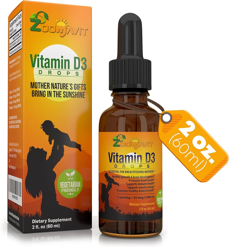 D-vitamin dråber til spædbørn - Baby D-vitamin dråber 1000 IE 2Fl Oz - flydende vitamin D3 Organisk med Max Absorption Formel for nyfødte, tandlæger, børn og voksne