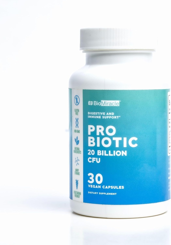 BioMiracle Pro Biotic 20 Millioner CFU, Gluten Freee, Non- GMO, Naturlige Ingredienser, Mange Strops, Vegetarisk Friendly.