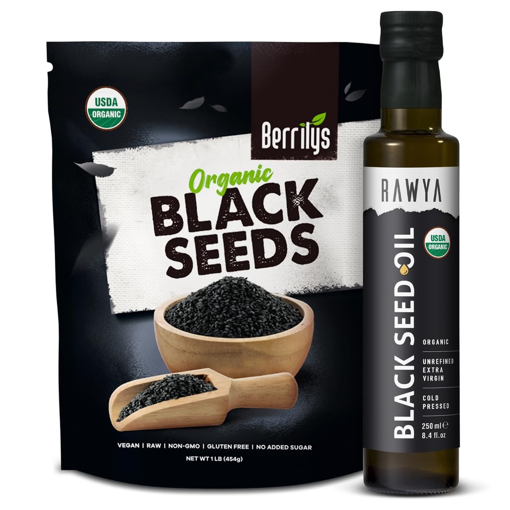 RAWYA Black Seeds + Black Seed Oil - USDA Organic Certified, Cold Pressed, Nigella Sativa, Cumin Seed Oil, Kalonji, Premium Quality, High Thymoquinone, Pure & Natural, 8.4 Oz + 16 Oz Frø