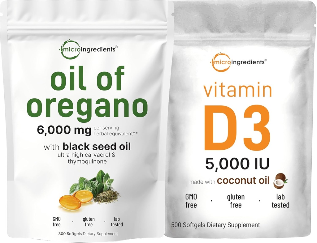 Micro Ingredients Oil of Oregano Softgels 6,000mg Per Serving & Vitamin D3 5000 IE Bundle Pack- 124; 4X Strength Carvacrol & Thymoquinon - 124; Vitamin D som Cholecalciferol
