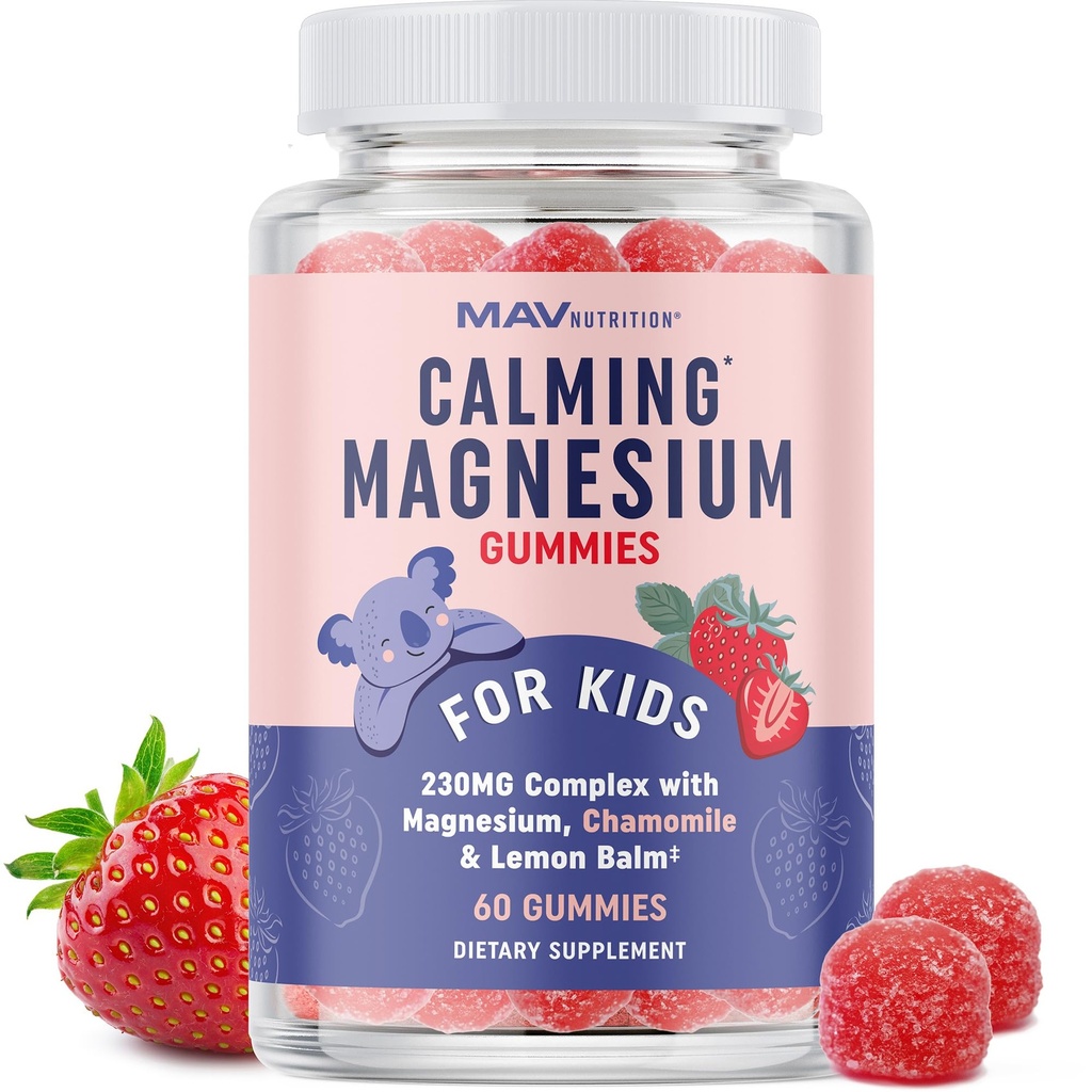 Magnesium Calming Gummies for Children against 124; Strawberry against 124; Afslapning & Natural Wake- Sleep Cycles against 124; Afslappende Magnesium for børn med kamille & Lemon Balm against 124; Non- GMO, Gluten- Free against 124; Rolig Gummies 60ct