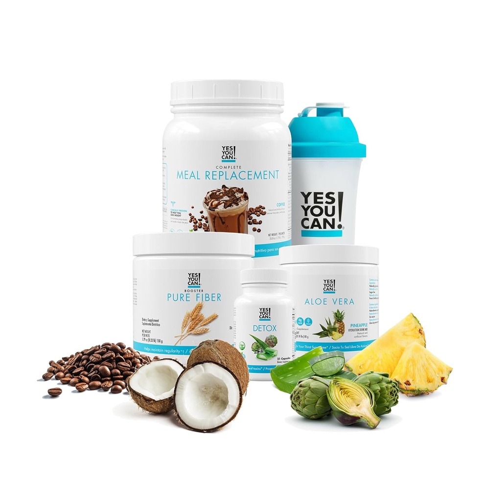 Ja, du kan! Detox Plus Kit, Daglig Rengøring Pure Fiber Meal Erstatning, Drik Mix, Ryst Booster og tillæg, Krop Rengøring Kit til kvinder, Daglig System Rengøring - Kaffe, Aloe Vera Hibiscus