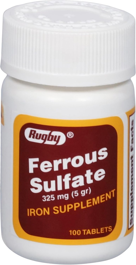 Rugby Ferrous Sulfate 325mg Tablets - Iron Supplement for Women and Men - 100 Count (1 Pack)