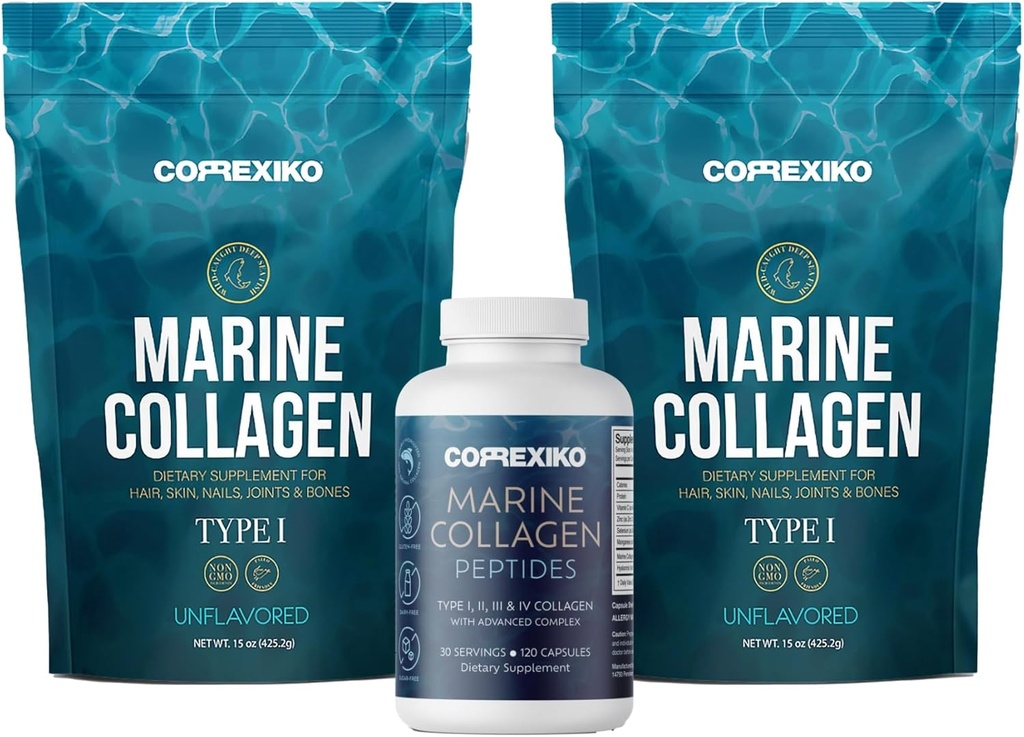 CORREXIKO 2X Marine Collagen pulver (15oz) & 1x Marine Capsules Bundle