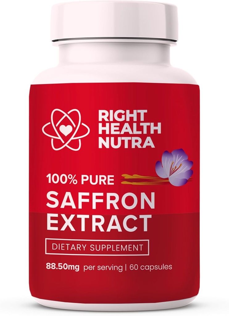 Right Health Nutra Saffron Kosttilskud - 100% Pure Saffron Extract - Made in the USA - Understøtter Mood Mead124; Focus Mead124; Forgasning Mead124; Eye Health for mænd og kvinder - 60 Kapsler