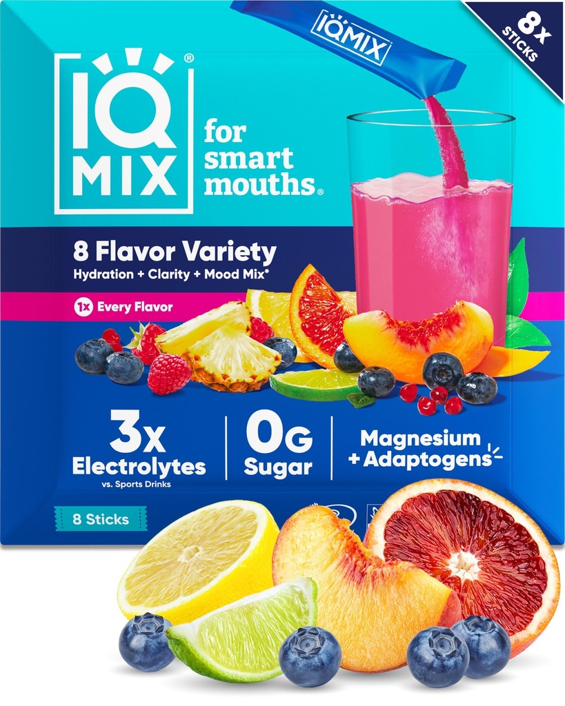 IQMIX Hydration Electrolyte Powder - 4-in-1 Formel til Hydration, Mental Clarity, Mood & Recovery - Sugar- Free, Keto Drink Mix med Magnesium L- Threonate & Lions Mane - 8-Count Sampler (Alle Arme)