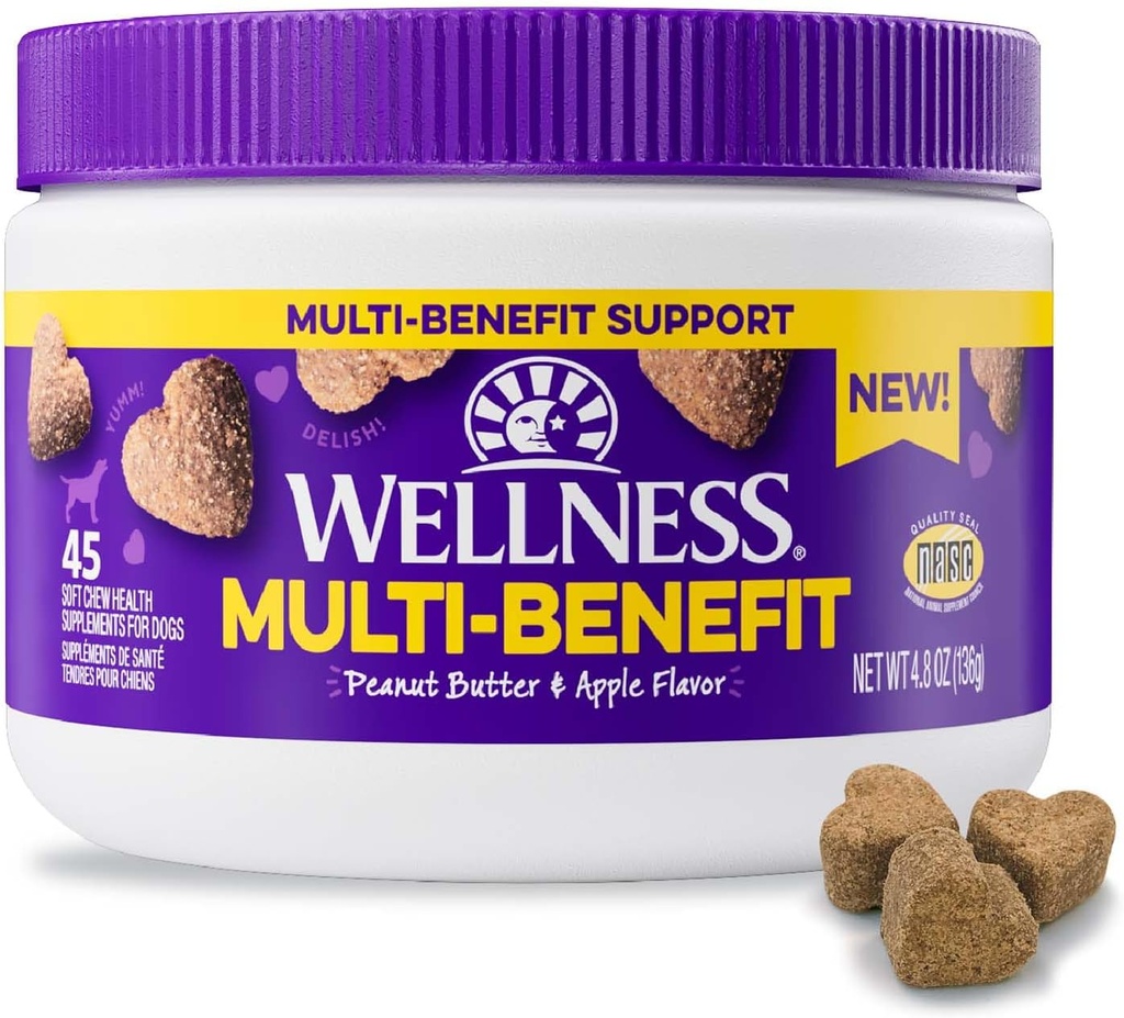 Wellness Peanut Butter & Apple Flavored Soft Chews Multi- Benefit Kosttilskud til hunde, 45 Greve