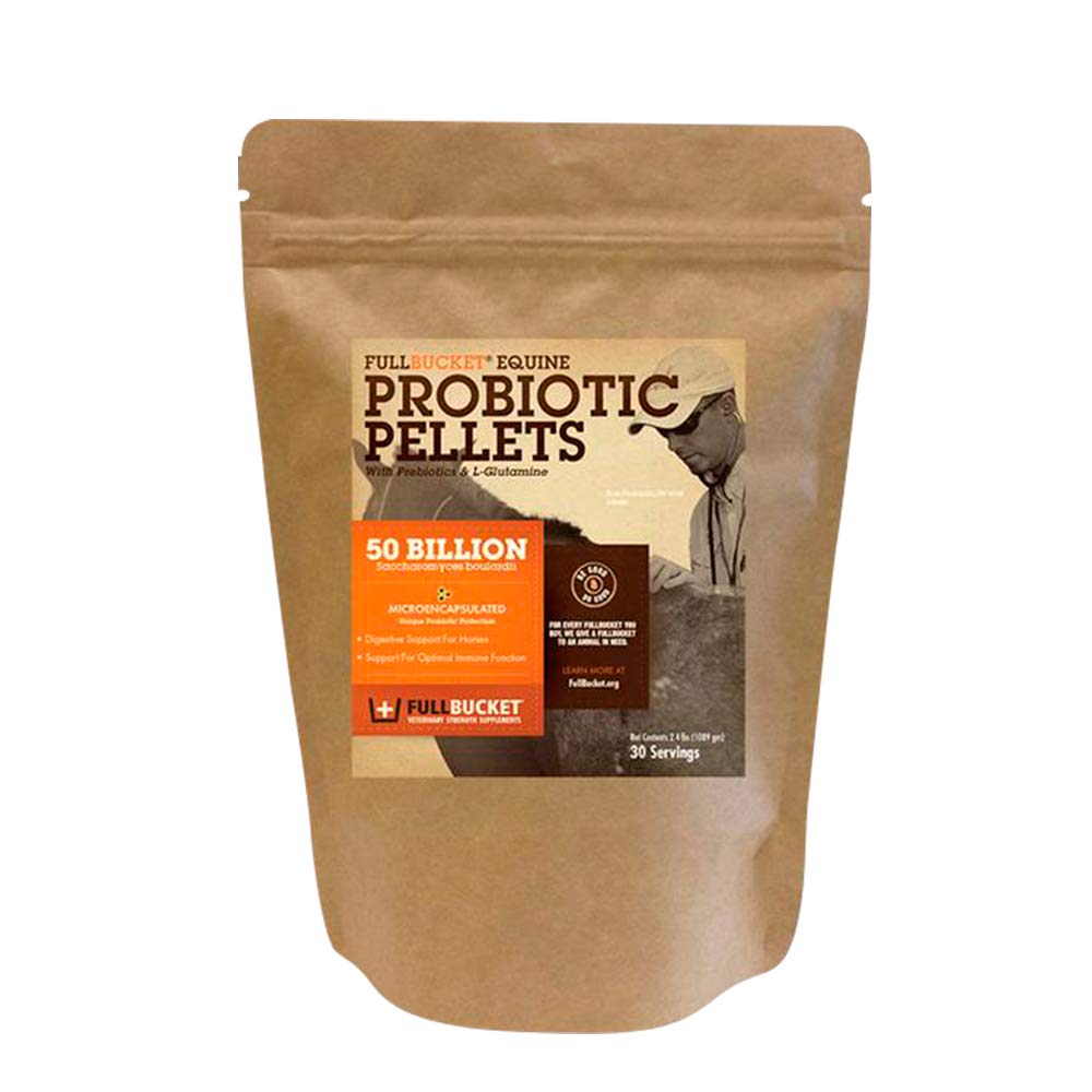 FullBucket Equine Probiotiske Pellets med Saccharomyces boulardii til heste under høj belastning eller til heste med igangværende fordøjelsesbesvær; 20x mere koncentreret og 50 milliarder CFU - 30 Servere