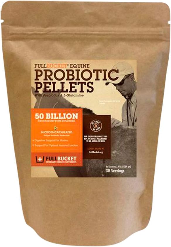 FullBucket Equine Probiotiske Pellets med Saccharomyces boulardii til heste under høj belastning eller til heste med igangværende fordøjelsesbesvær; 20x mere koncentreret og 50 milliarder CFU - 30 Servere