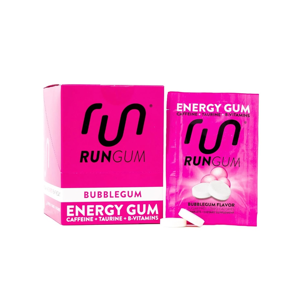 RUN GUM Bubblegum Energy Chewing Gum 50mg Koffein Taurine & B- Vitaminer Per stykke, 24 stykker (pakke med 12) Sukker fri, nul kalorie, ingen aspartam, og Gluten fri