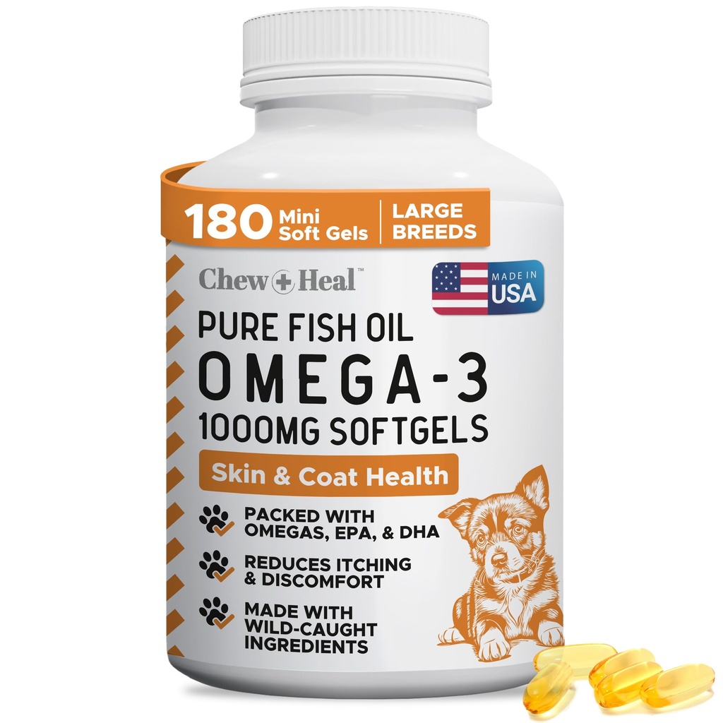 Wild fanget Omega 3 Fish Oil til hunde - 180 Softgel kapsler til sund hud og kappe - Store 1000 mg hund fisk olie piller til afføring, tørre kløende hud, og varme skeer - Pet Omega Salmon supplement