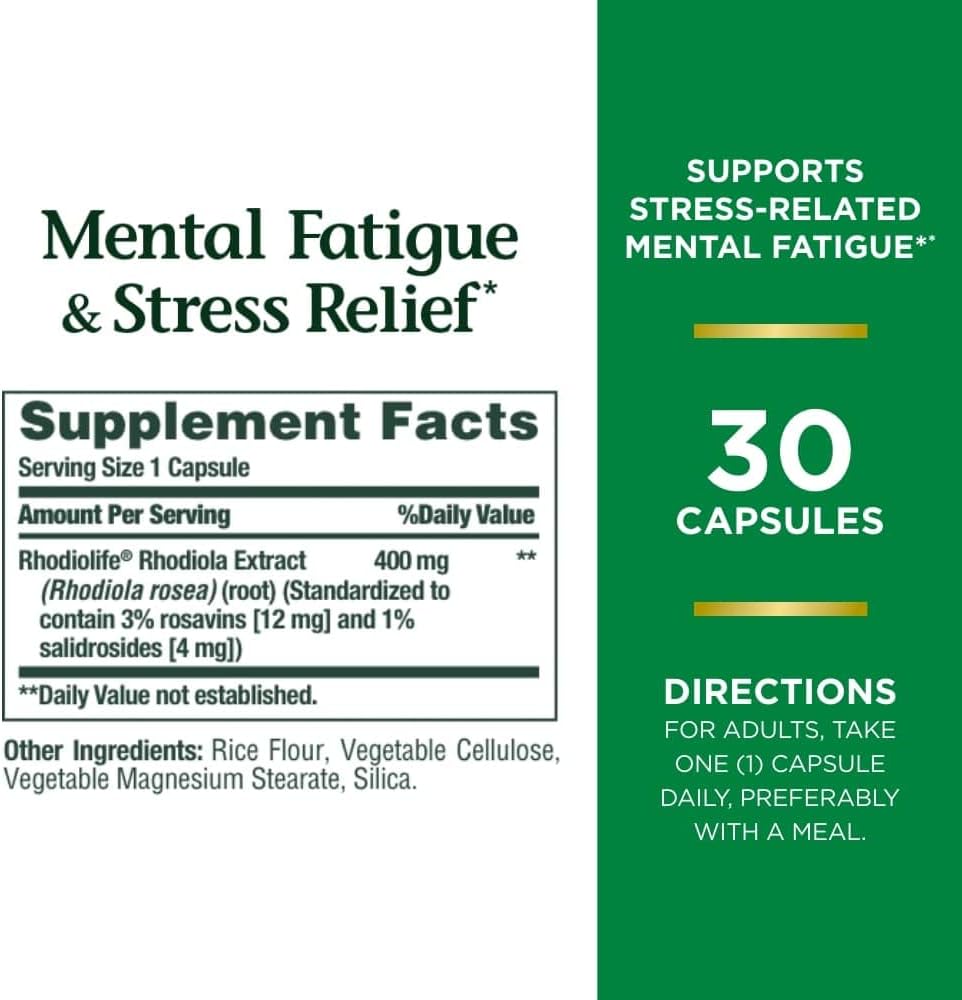 Nature 's Bounty Mental Træthed og Stress Relief, Rhodiola Supplement, 400 mg, Kapsler, 30 Greve (pakke med 2)
