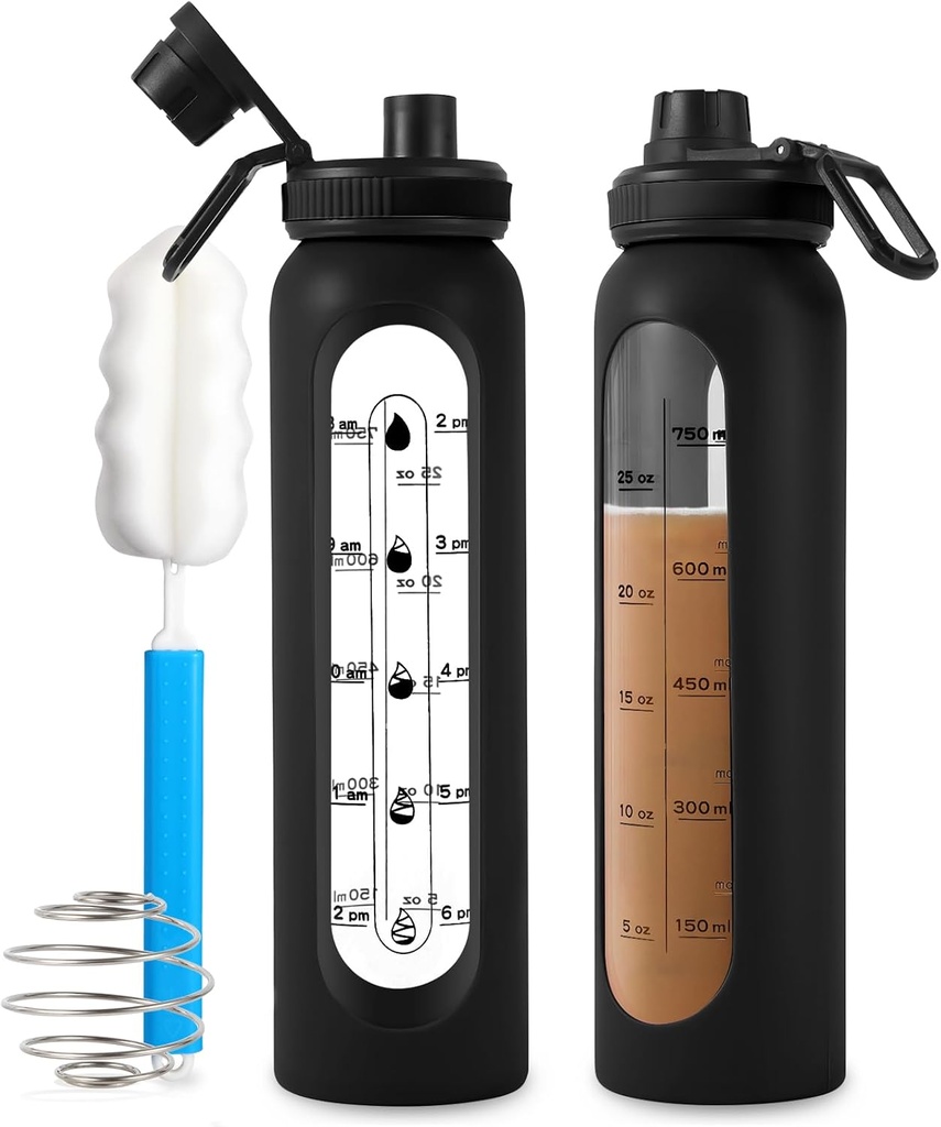 Glas Shaker Flaske 34oz / 1L Sort Glas Protein Shaker Flaske med shaker Ball Store Shaker Flasker til Protein Blandes Portable Powder Mixer Blender Vand Flaske til Gym træning Sport