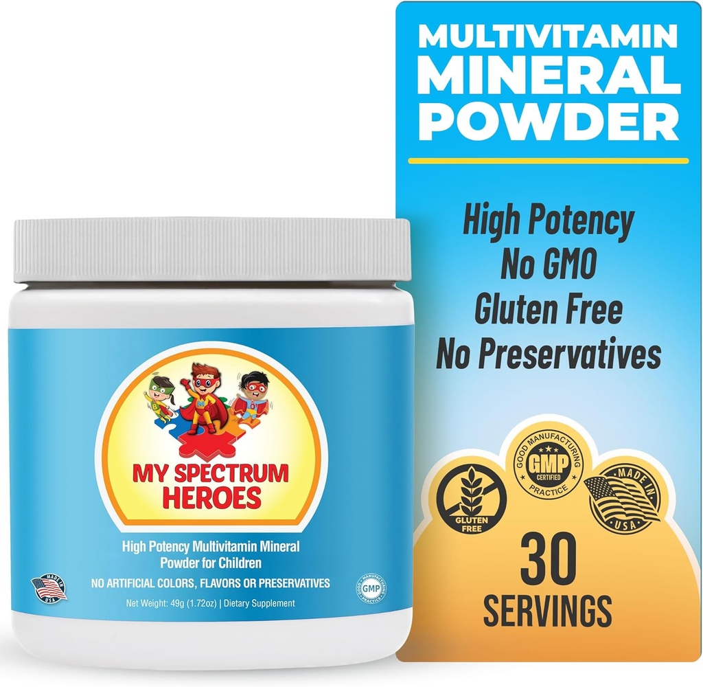 Min Spectrum Heroes Kids Powder Multivitamin - Powder Supplement, Bedre Absorption, Non- GMO, Non- Gluten, Ingen kunstige ingredienser - Neurale hjælp til børn på Spectrum - 30 Serveringer