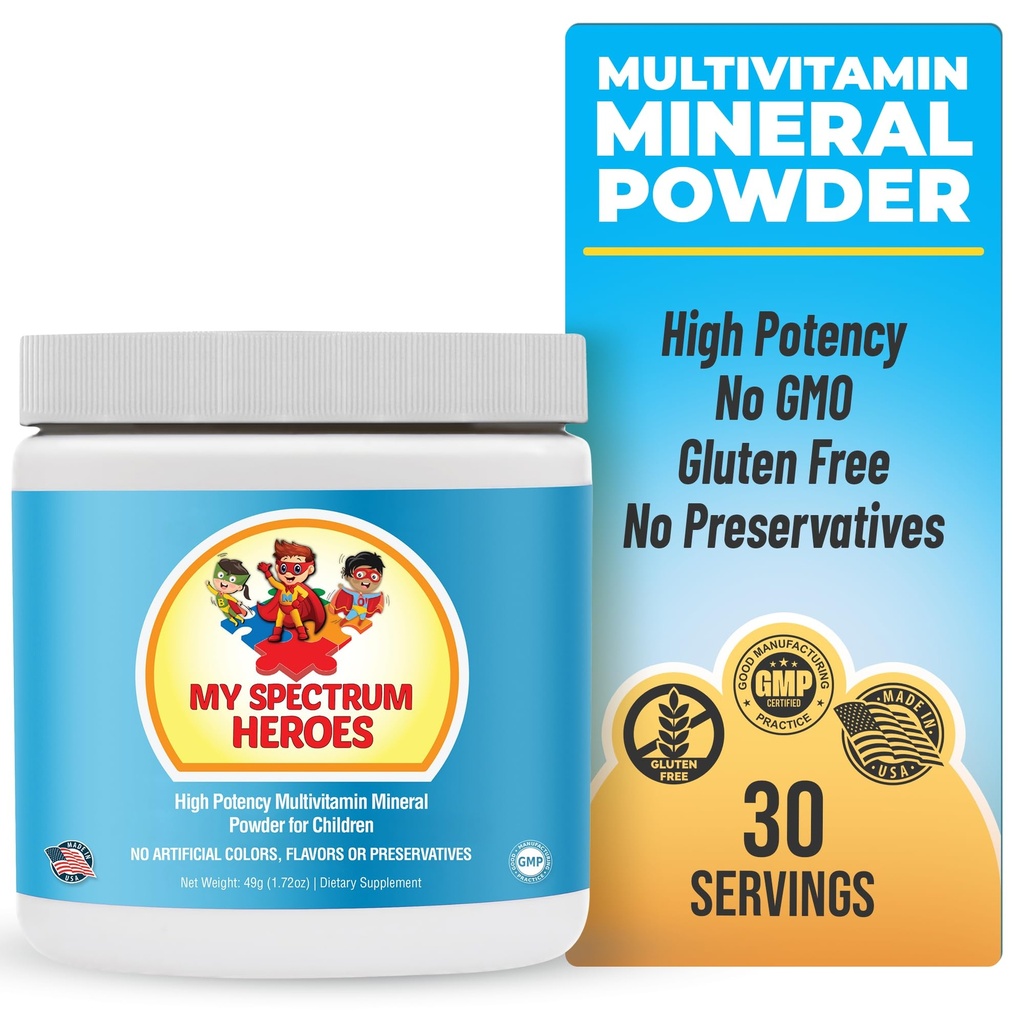 Min Spectrum Heroes Kids Powder Multivitamin - Powder Supplement, Bedre Absorption, Non- GMO, Non- Gluten, Ingen kunstige ingredienser - Neurale hjælp til børn på Spectrum - 30 Serveringer