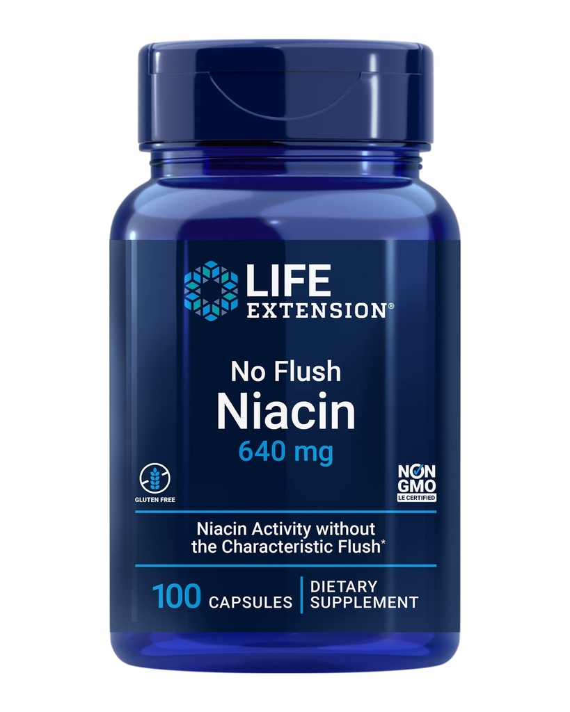 Life Extension No Flush Niacin, B3 for Heart Health, Cholesterol & Energy Support, Non-GMO, Gluten- Free, 100 Kapsler