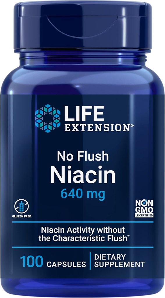Life Extension No Flush Niacin, B3 for Heart Health, Cholesterol & Energy Support, Non-GMO, Gluten- Free, 100 Kapsler