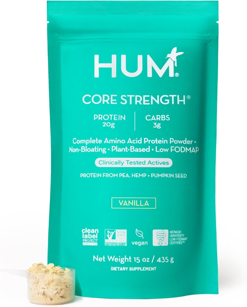 Hum Core Strength Vanilla Vegan Protein Powder, Gluten Free, Plant Based, 20g Protein per Serving, Aminosyrer, Pea Hemp & Pumpkin Seed Proteins, Low Fodmap, Gut- Friendly, Let at Digest, 15 Servere