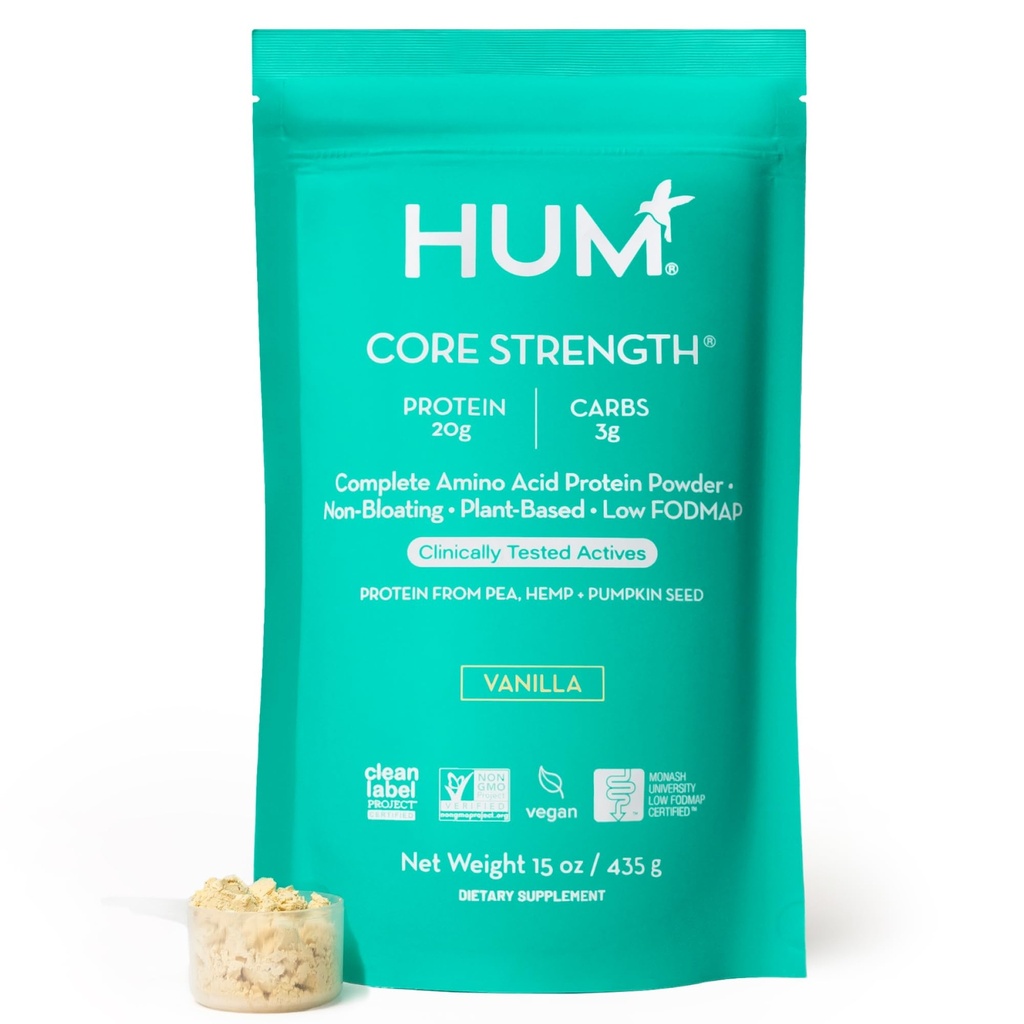 Hum Core Strength Vanilla Vegan Protein Powder, Gluten Free, Plant Based, 20g Protein per Serving, Aminosyrer, Pea Hemp & Pumpkin Seed Proteins, Low Fodmap, Gut- Friendly, Let at Digest, 15 Servere