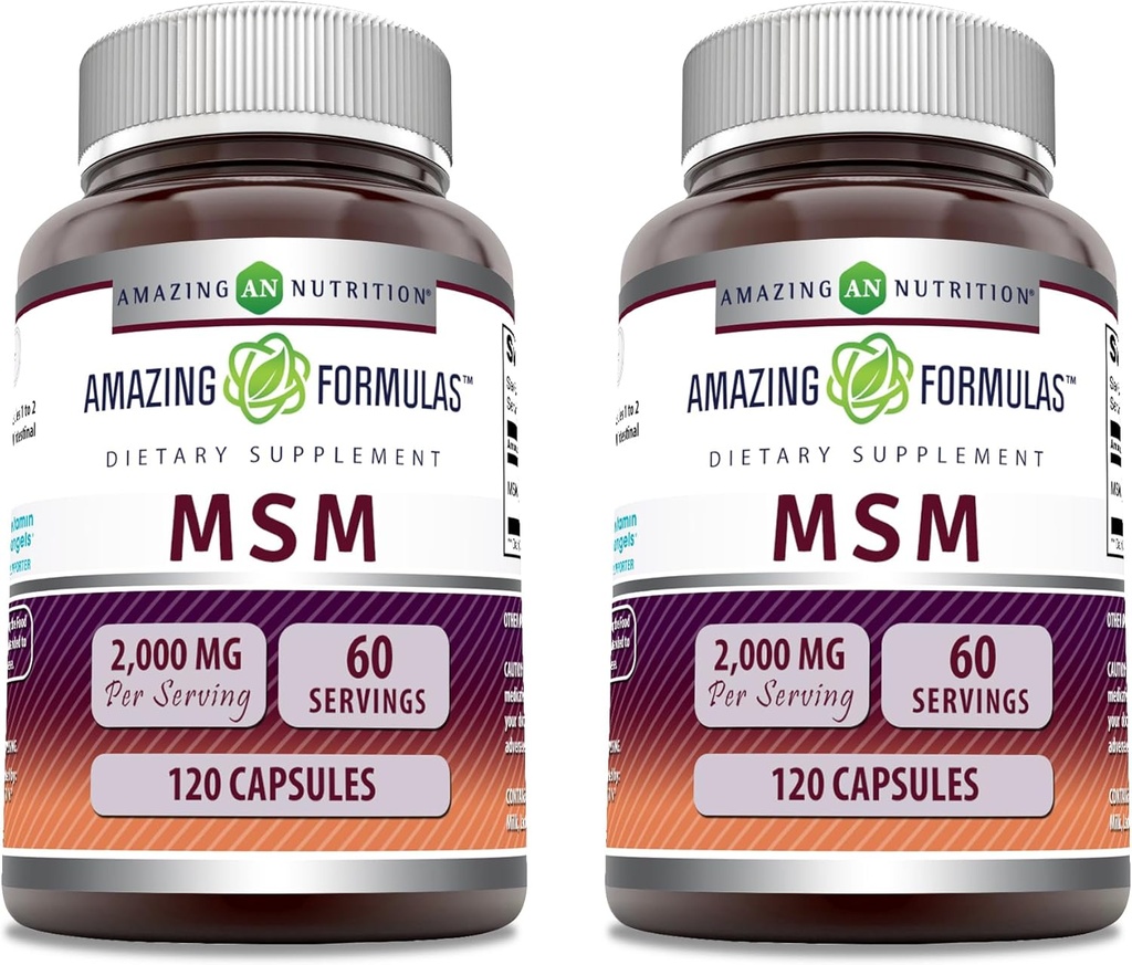 Amazing Formulas MSM (Methylsulfonylmethan) Supplementér 124; 2000 Mg Per Serving Budding 124; Kapsler 124; Non- GMO Buddy 124; Gluten Free Buddy 124; Lavet i USA (2 Pack, 120 Tæl)