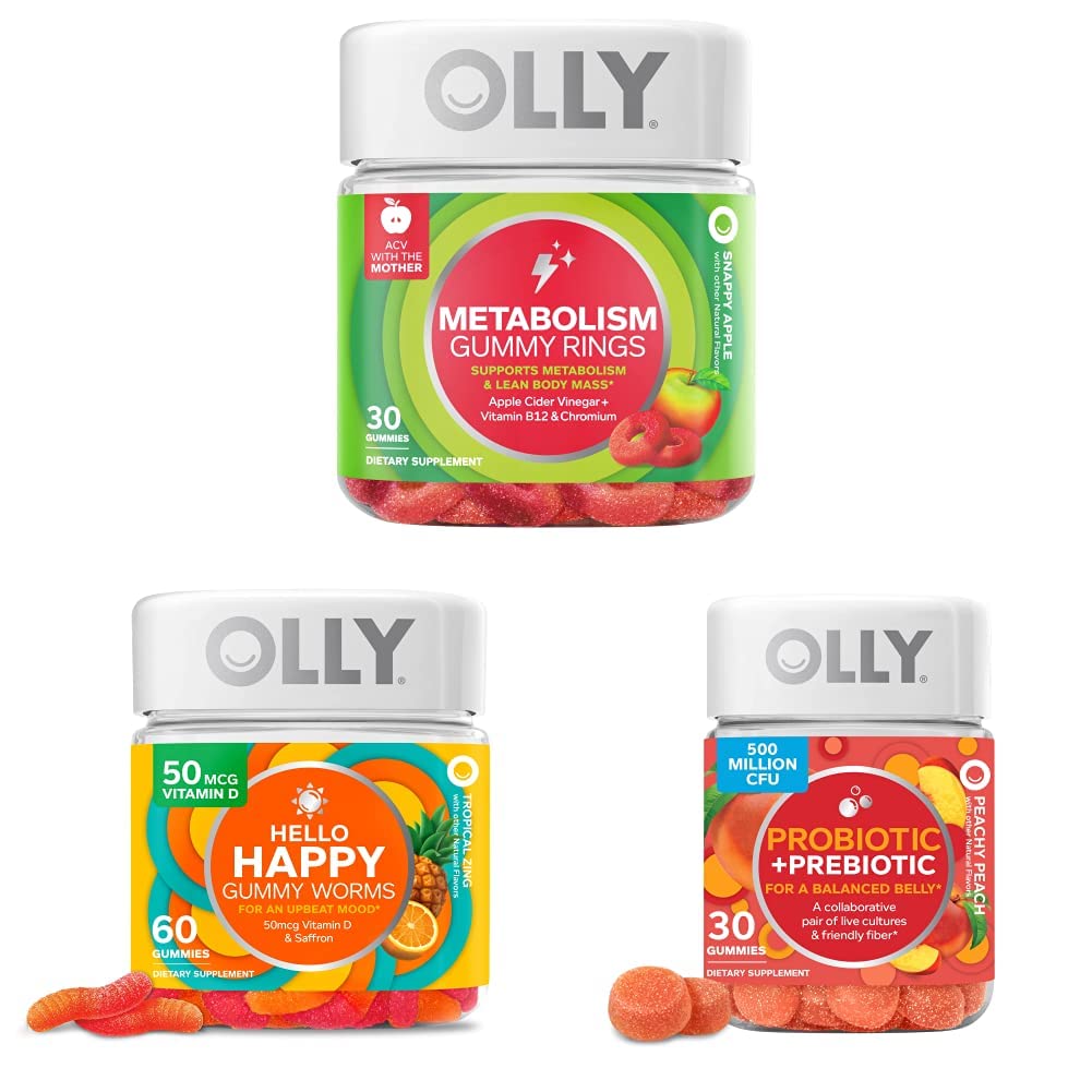 OLLY Metabolisme Gummy Ringe, Apple Cider Vinegas, Vitamin B12, Chrom, Energi og fordøjelse, Chewable Supplement, Apple Flavor - 30 Greve og OLLY Hej Happy Gummy Worms, Mood Balance Support, Vitamin D, Safran, Voksen Chewable Supplement, Tropical Zing - 60 Greve