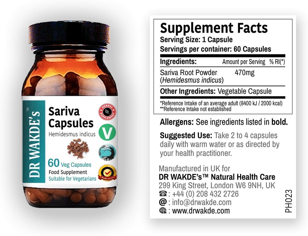 DR WAKDE 's Sariva Capsules (Anantomoola szág 124; Hemidesmus indicus) Note 124; 60 Veg Caps szág 124; Ayurvedic Supplements 124; Vegan szág 124; 100% urtebånd