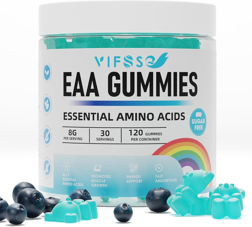 EAA Gummies 120 Gummies (Blå Hindbær), Essential Aminosyrer - Alle 9 Essential Aminos (EAA) og All Branched- Chain Aminos (BCAAs), Non- GMO, Gluten Free, Vegetarisk Friendly