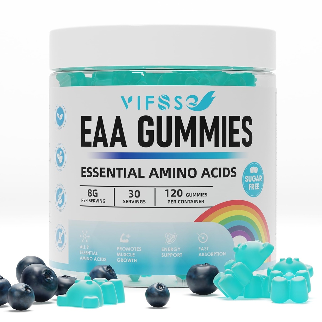 EAA Gummies 120 Gummies (Blå Hindbær), Essential Aminosyrer - Alle 9 Essential Aminos (EAA) og All Branched- Chain Aminos (BCAAs), Non- GMO, Gluten Free, Vegetarisk Friendly