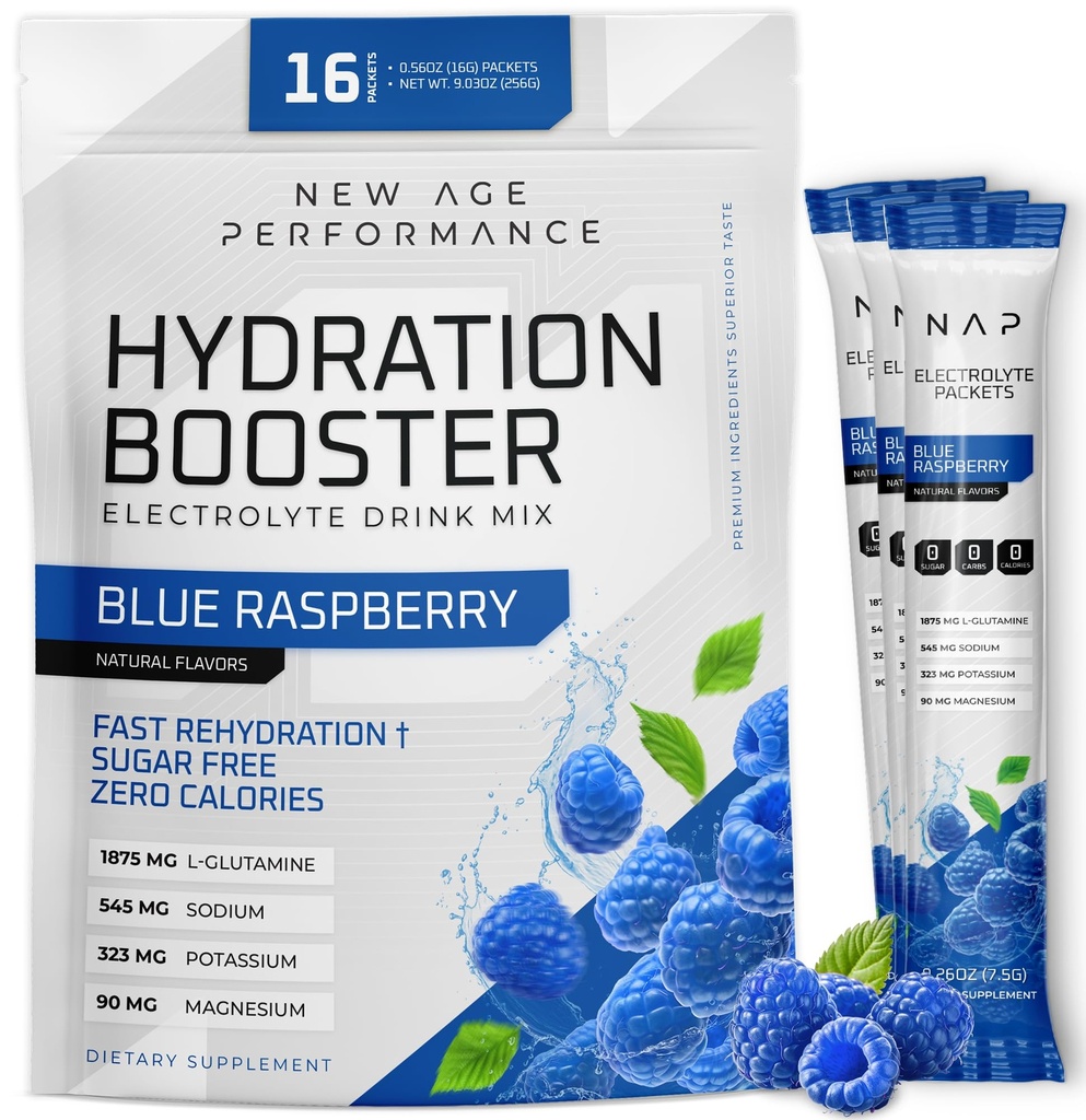 New Age Performance Hydration Pakker, Elektrolytter pulver væske Enhancer for Dehydrering Relief, L- Glutamin Aminosyrer til muskeltræning Inddrivelse, Sukker Free & 0 Calorie, 16 Pack (Blå Hindbær)