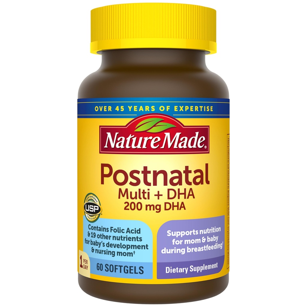 Nature Made Postnatal Multivitamin + DHA 200 mg, Postnatal Vitamin til ammende mødre & Babyer, Vitamin & Nutrienter omfatter jern, vitamin D3, calcium, jod og mere, 60 Softgels