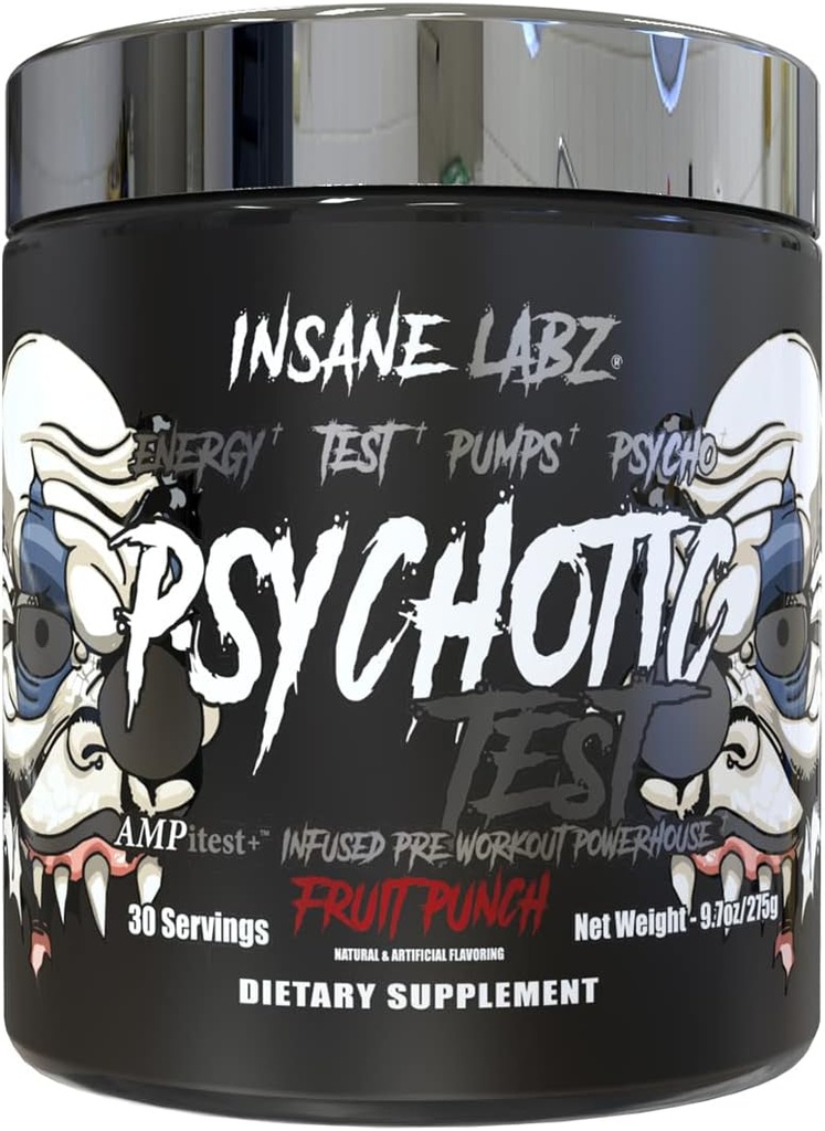 Insane Labz Psykotisk Test, High Stim Testosteron Energi og Pump Boosting Pre- Workout pulver med DMAE Bitartrate, D Aspartasyre, Creatin HCL og Glycerol Monostearate, 30 Servere, Frugt Punch