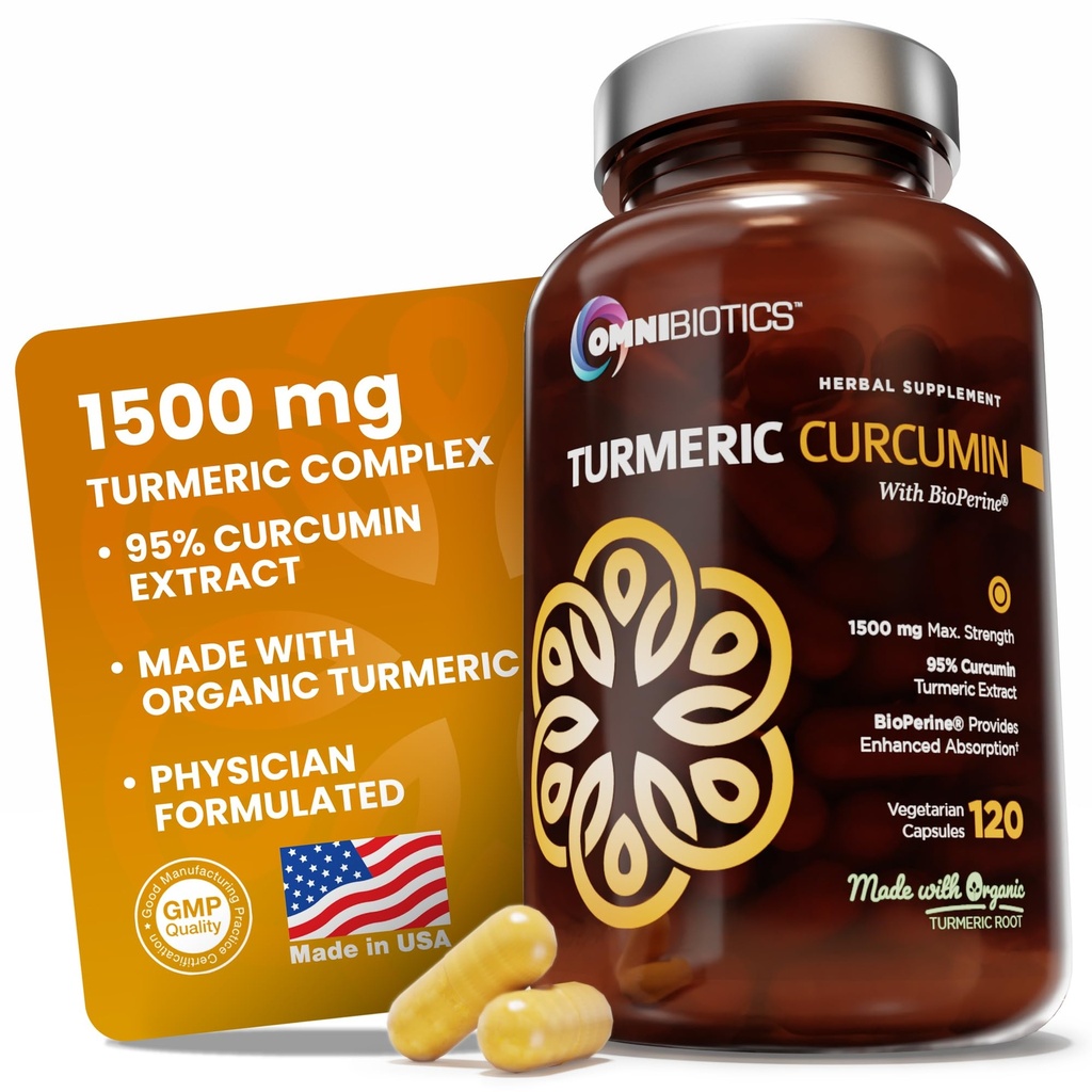 OmniBiotics Organic Gurkemeje Curcumin Supplement med Black Pepper Extract - 1500mg Gurkemeje med 95% Curcuminoider & BioPerine, Høj Absorption til fælles støtte - 120 Veganske kapsler