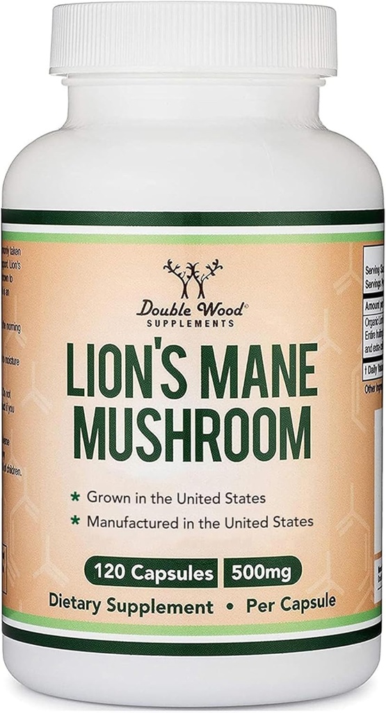 Organic Lions Mane Mushroom Kapsler (120 Greve), for Focus Support og immunforsvar, Tredjeparts testet og dyrket i USA - af Double Wood