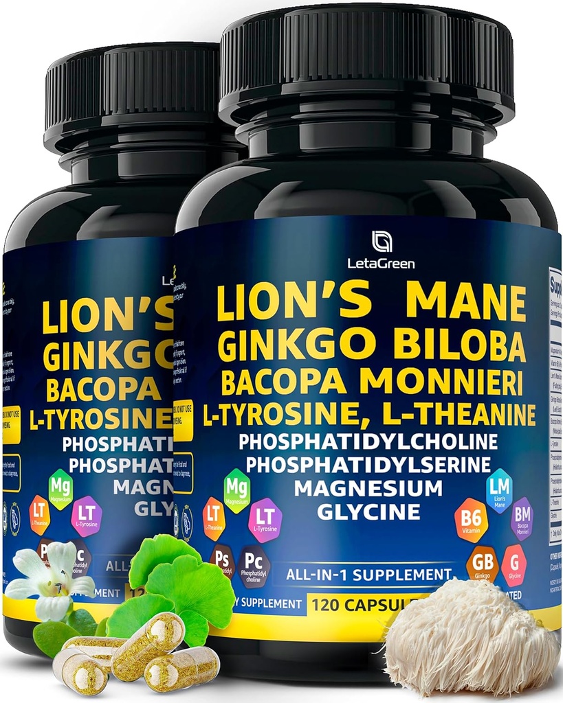 Organic Lions Mane Supplement kapsler - 240 Rigtige svampe Lions Mane Kapsler med Ginkgo Biloba Herb, Bacopa Monnieri, L Theanine, L Tyrosine - Mushroom Complex for Daily Wellness