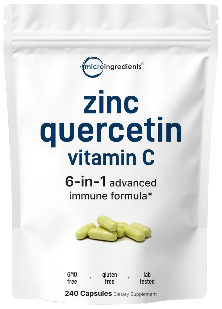 Micro Ingredienser Quercetin med C-vitamin og zink, 240 Kapsler; 124; Quercetin 500mg, C-vitamin 500mg, Zink 50mg (Picolinate, Citrate, Glycinate, Gluconate)