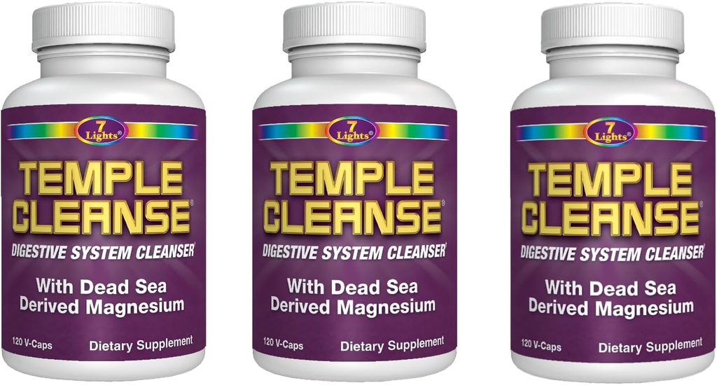 7 Lights Temple Cleanse 124; 3- Pack Special, Magnesium, Oxygen- baseret Colon Cleanse Detox, Relieves Occasional Obstipation med ingen gas eller bloating, Body Detox og Cleanse for kvinder og mænd