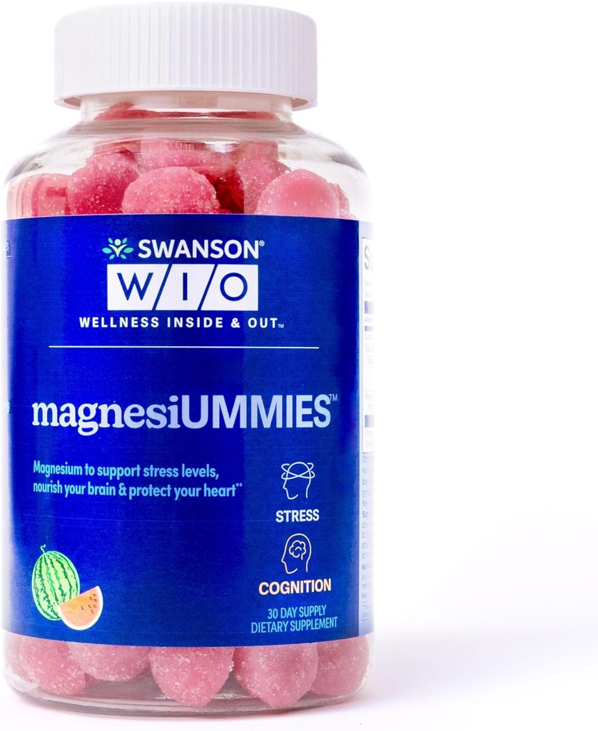 Swanson WIO ™ magnesiUMMIES ™ Stress Support, Heart Health, Stress, Watermelon, Magnesium 336mg, Vegan, Non- GMO, Gluten- Free, Bone Health - 12oz Flaske, 120 Gummies (30- Day Supply)