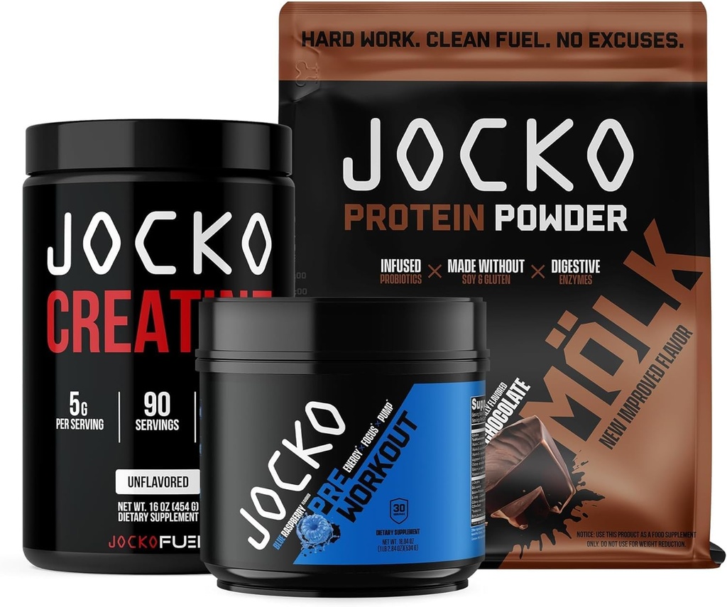 Jocko brændstof 3 Pack Gym Bundle - Creatin, Chokolade MOLK, & Blå Raspberry Pre Workout
