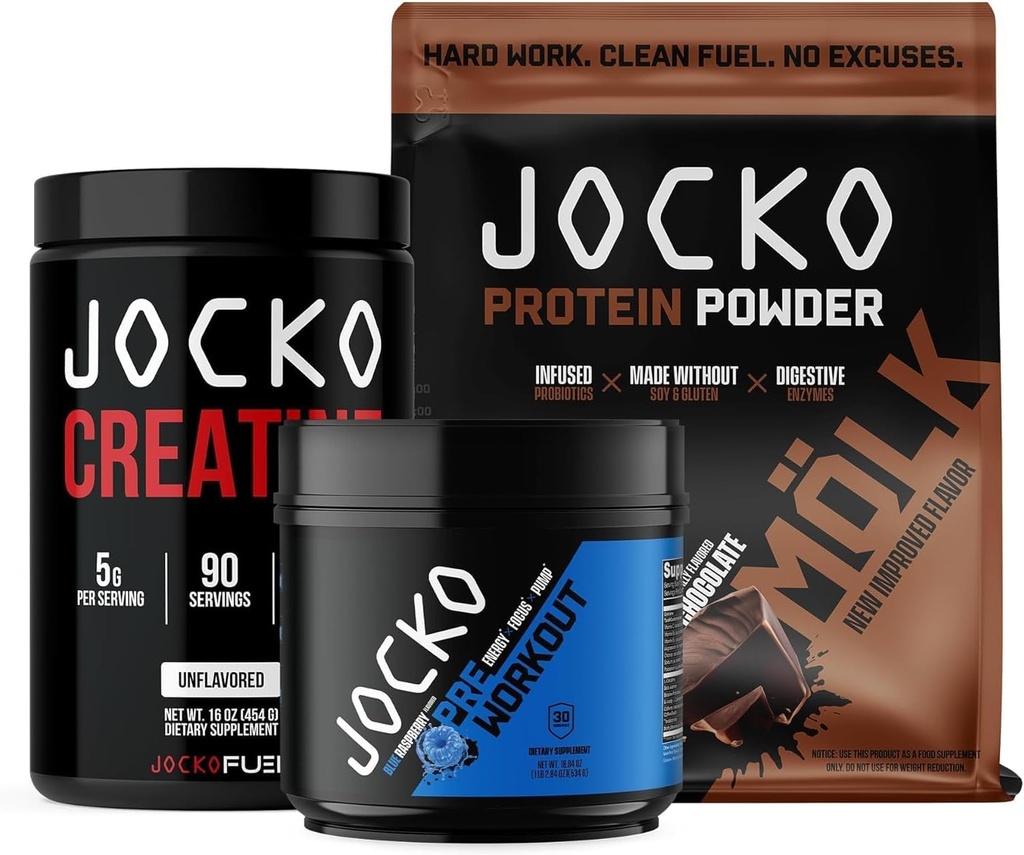 Jocko brændstof 3 Pack Gym Bundle - Creatin, Chokolade MOLK, & Blå Raspberry Pre Workout